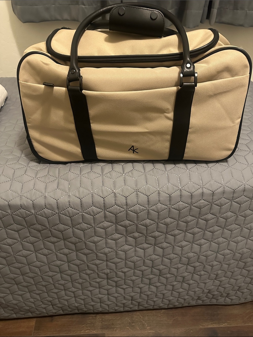 Beige and Black Travel Duffel Bag